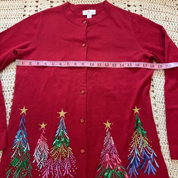 Quacker Factory Red Embroidered Sequin & Stud Tree Button Front Cardigan XXS - Picture 7 of 9
